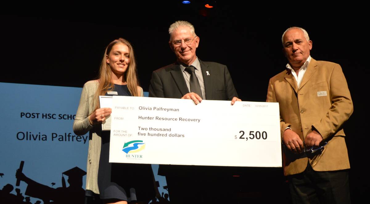 BOOST: 2017 Mayoral Scholarship winner Olivia Palfreyman with Cessnock mayor Bob Pynsent and Hunter Resource Recovery CEO Roger Lewis at last year's presentation.