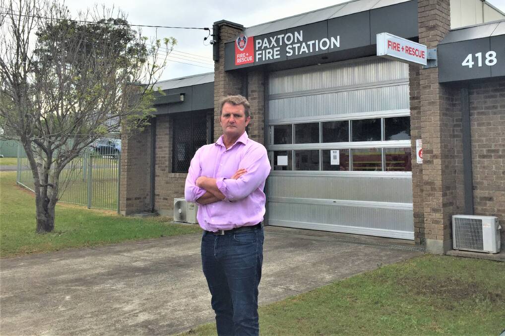 'GAMBLE': Cessnock MP Clayton Barr outside Paxton Fire Station, which could be temporarily taken off-line in the event of a staffing shortage under a plan by Fire and Rescue NSW. Picture: Krystal Sellars