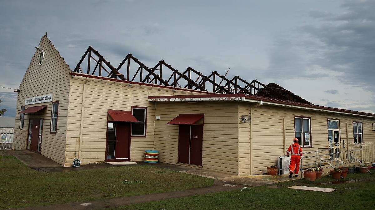 TRAIL OF DESTRUCTION: The Kurri Kurri Ambulance Hall lost its roof in the storm that tore through the town on the afternoon of November 6, 2017. Picture: Marina Neil