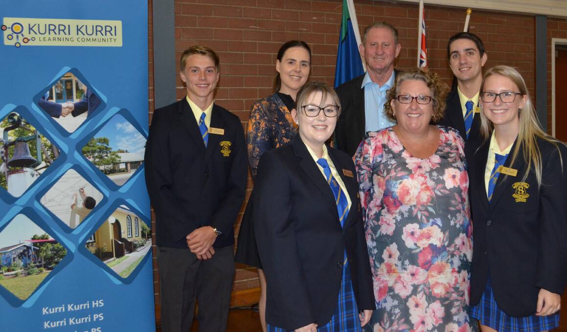 PARTNERSHIP: Pictured at the school's Business Luncheon in March (back), Kurri Kurri High School captain Angus Lathan, Chloe Riall and John Hewitt from Telstra, and vice-captain Rhys Field; and at front, captain Georgia Dembeck, principal Tracey Breese and vice-captain Olivia Boyles.