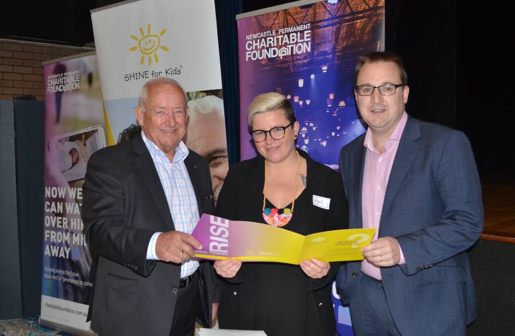 POSITIVE LEARNING: Newcastle Permanent Charitable Foundation chair Phil Neat, Shine For Kids national programs manager April Long and CEO Andrew Kew at the Rise Education Program launch at East Cessnock Bowling Club.