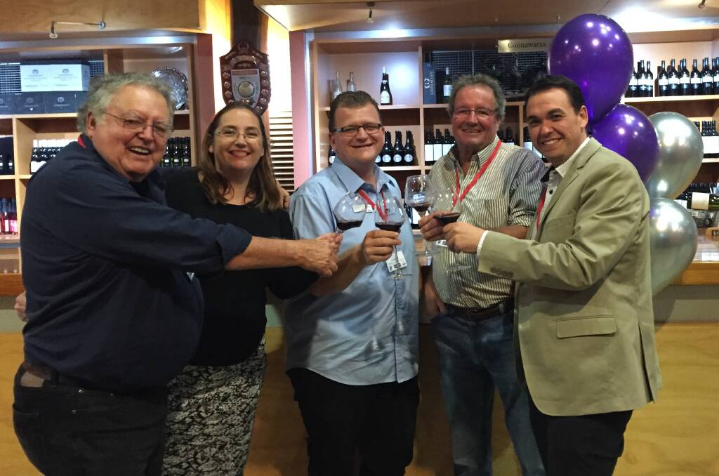 EXCITED: Ben Ean co-owner Brian McGuigan, Cessnock Chamber of Commerce vice-president Rienna De Visser, chamber president Clint Ekert, Ben Ean co-owner Colin Peterson and Cessnock town coordinator Anthony Burke at the Stomp festival launch on February 20.