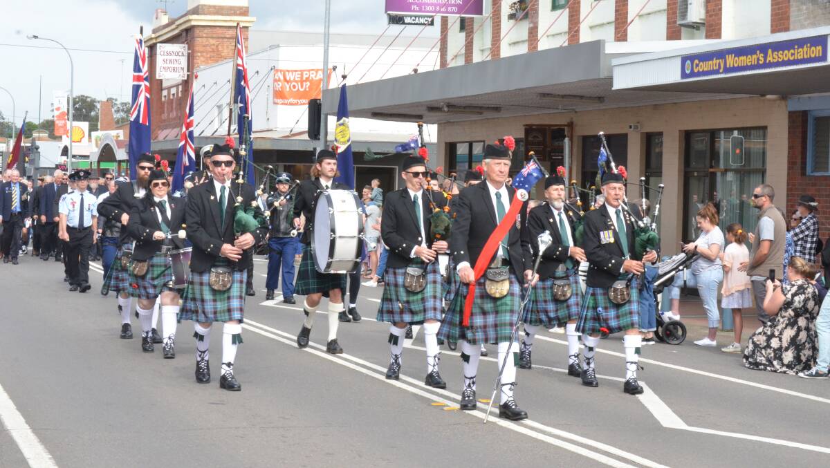 TRADITION: Anzac Day was a busy one as usual for the Cessnock City Pipes and Drums band, leading marches at Abermain, Kurri Kurri and Cessnock. Picture: Krystal Sellars