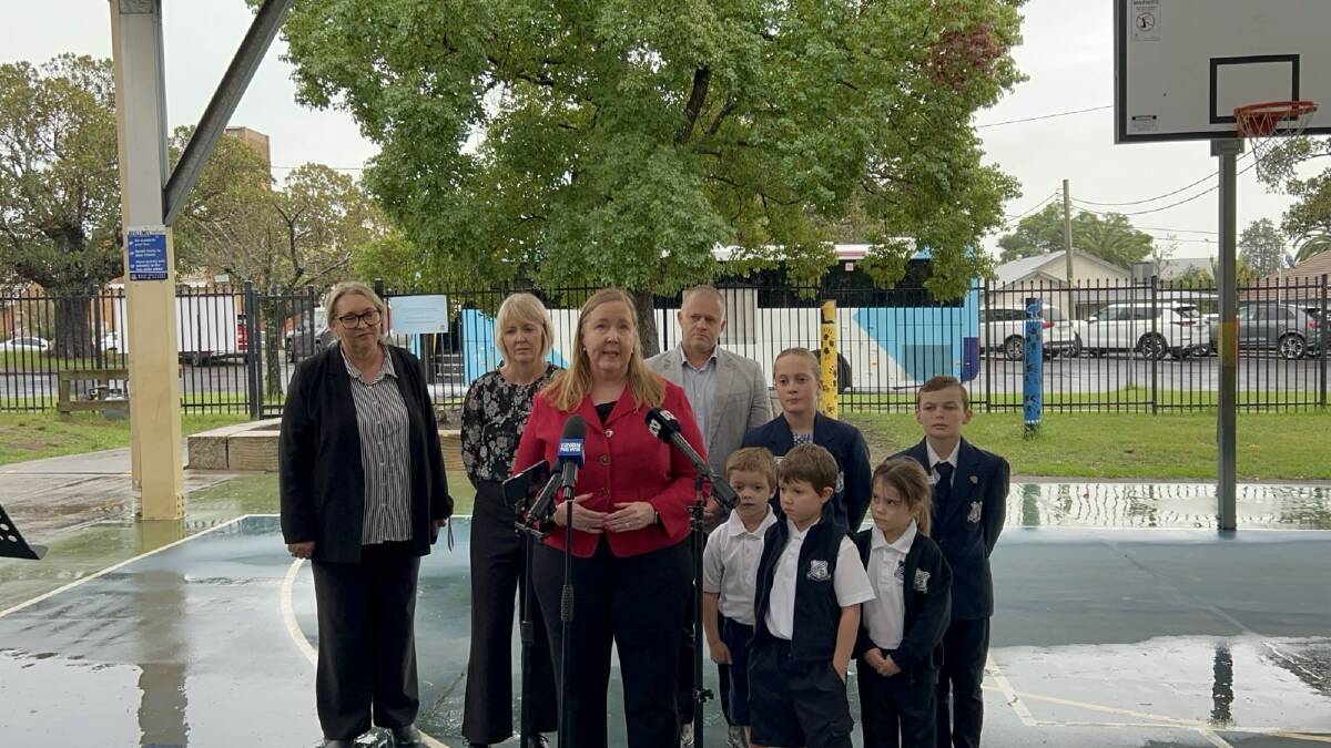NSW Minister for Regional Transport and Roads Jenny Aitchison speaking about the installation of seatbelts in school buses at East Maitland Public School. Picture supplied