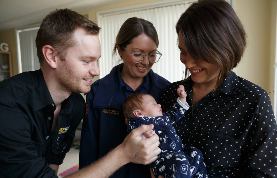HOME DELIVERY: Jess and Geoff Hodge got to meet Bec Giddins (middle), the ambulance call taker who walked them through delivering their baby William at home. Picture: Max Mason-Hubers