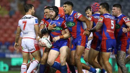 The Knights celebrate Jackson Hastings' early try. Picture Getty Images