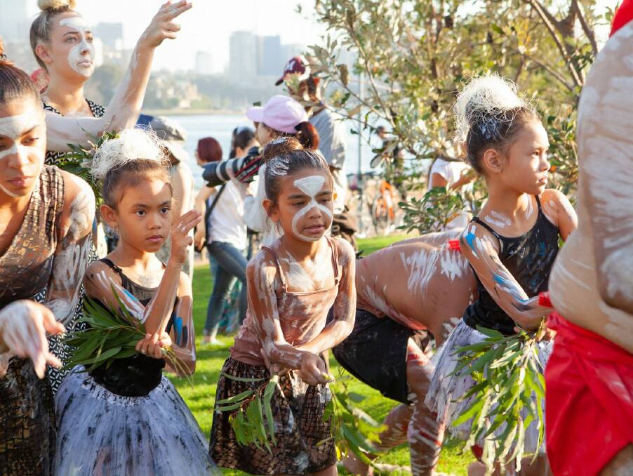 Young female dancers at the WugulOra Indigenous Morning Ceremony. 