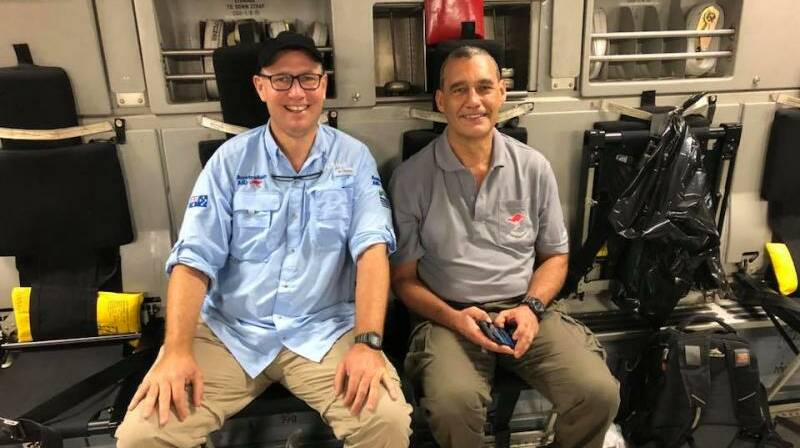 Dr Richard Harris and his dive partner Craig Challen in an image uploaded to Dr Harris' Facebook page on July 13, 2018, following the rescue mission at the Tham Luang cave in Thailand. Pic taken aboard RAAF C17 on the way back to Australia.