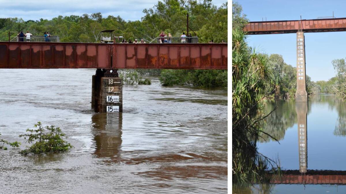 Katherine River over the weekend (left) and how it normally looks (right). Main photo: Roxanne Fitzgerald. 