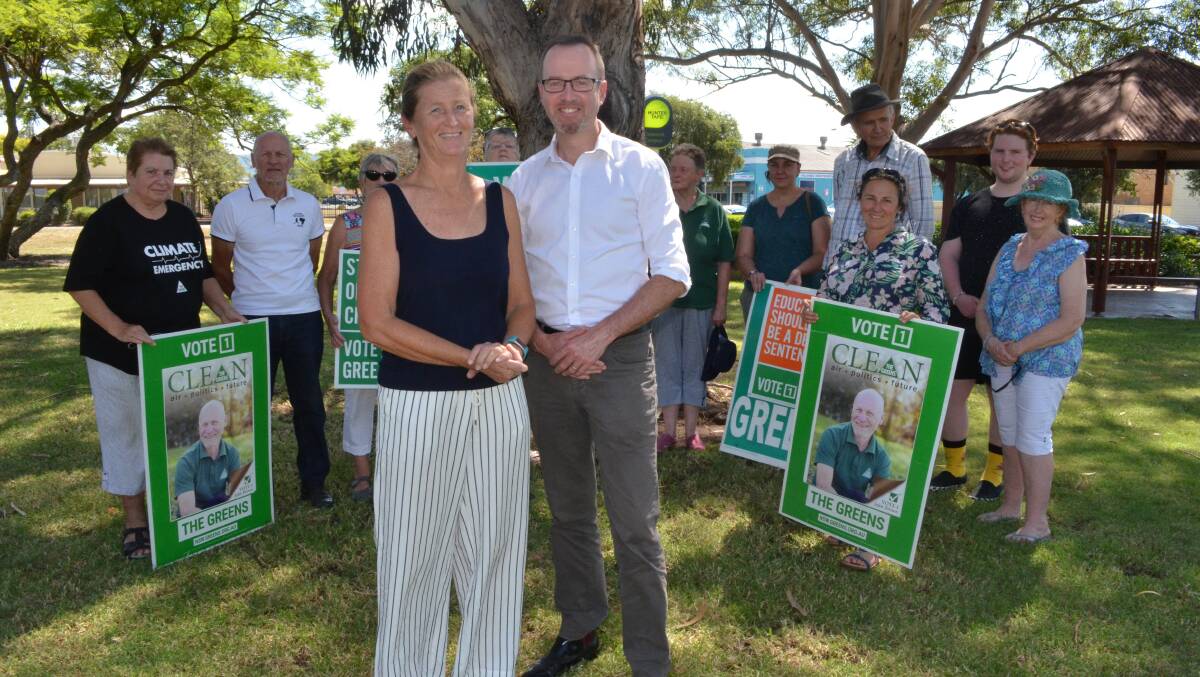 CAMPAIGN: Greens candidate for Cessnock Janet Murray and Upper House MP David Shoebridge with supporters in Cessnock TAFE park on Monday. Picture: Sage Swinton