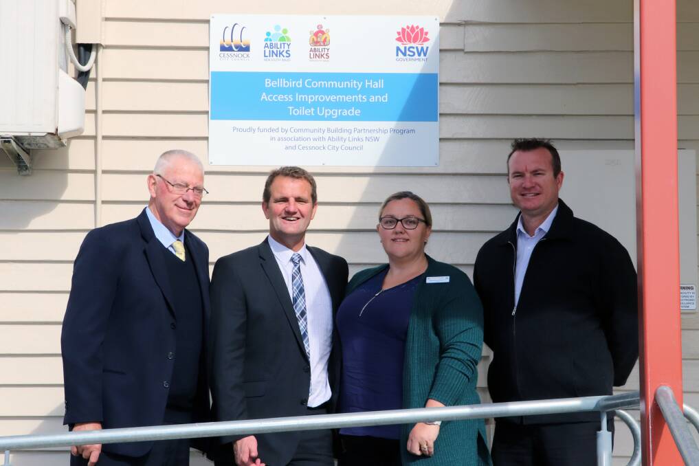 COMPLETE: Cessnock Mayor Bob Pynsent, Cessnock MP Clayton Barr, Ability Links coordinator Mishelle Dal Bianco and Councils recreation and community facilities coordinator Nathan Eveleigh outside the hall.