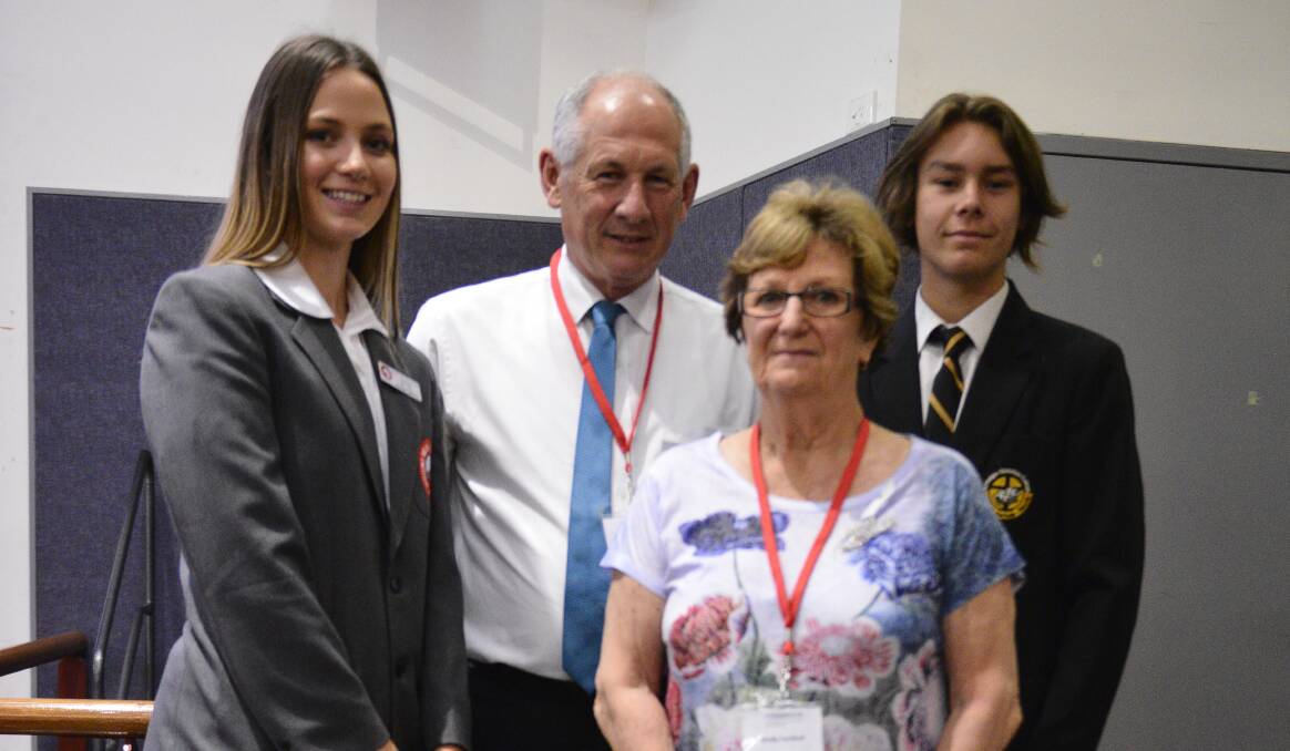 CAUSE: Mount View High School captain Jordyn Jeffery, Cessnock Chamber of Commerce president Geoff Walker, Cessnock BPW president Sheila Turnbull and St Philip's Christian College prefect Ty Cowley at the breakfast.
