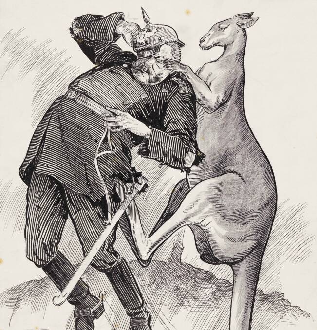 KICK: Hal Eyre's cartoons from World War I, including this kangaroo attacking  Kaiser Wilhelm II, will go on display in Cessnock from April 14 to 26.