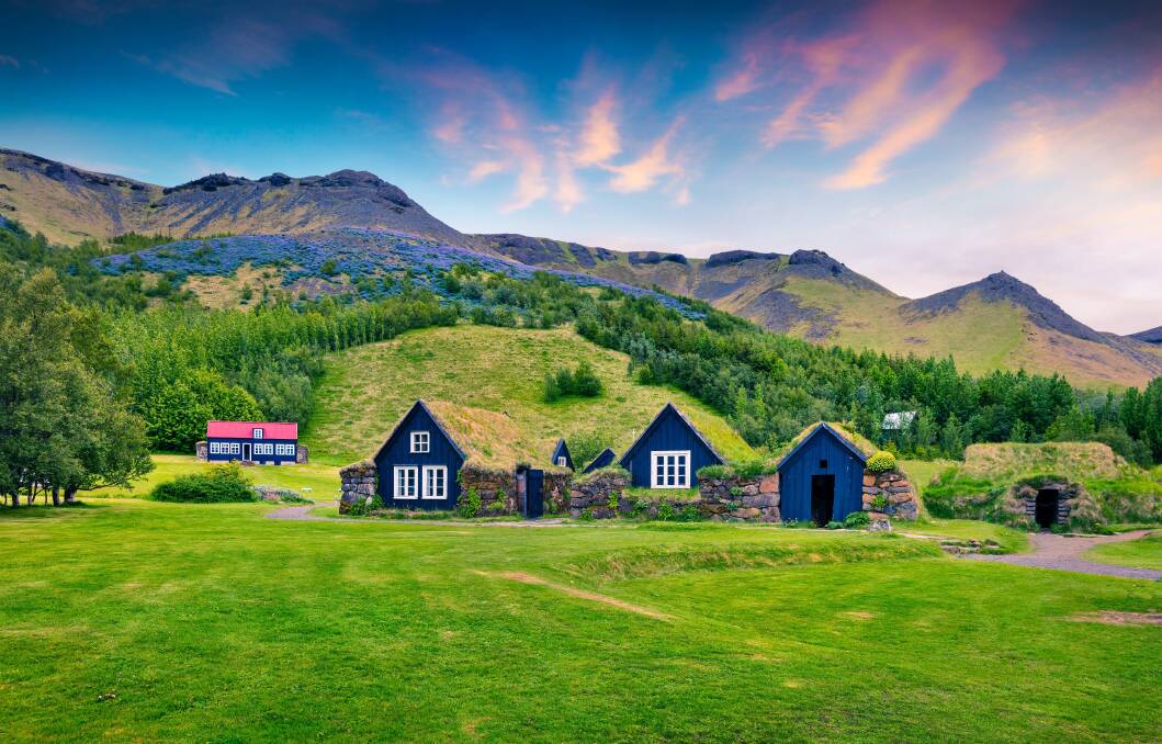 Typical view of Icelandic turf-top houses near Reykjavik.