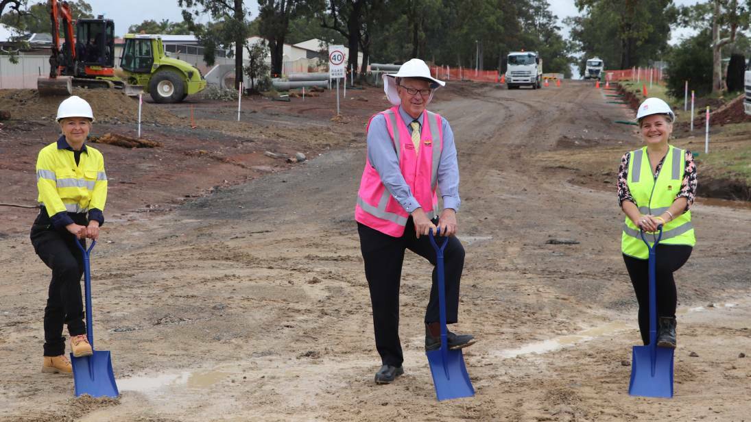 MILESTONE: Cessnock City Council General Manager Lotta Jackson, Mayor Bob Pynsent and Transport for NSW Region North Director Anna Zycki at the roundabout's sod turning in October 2019.
