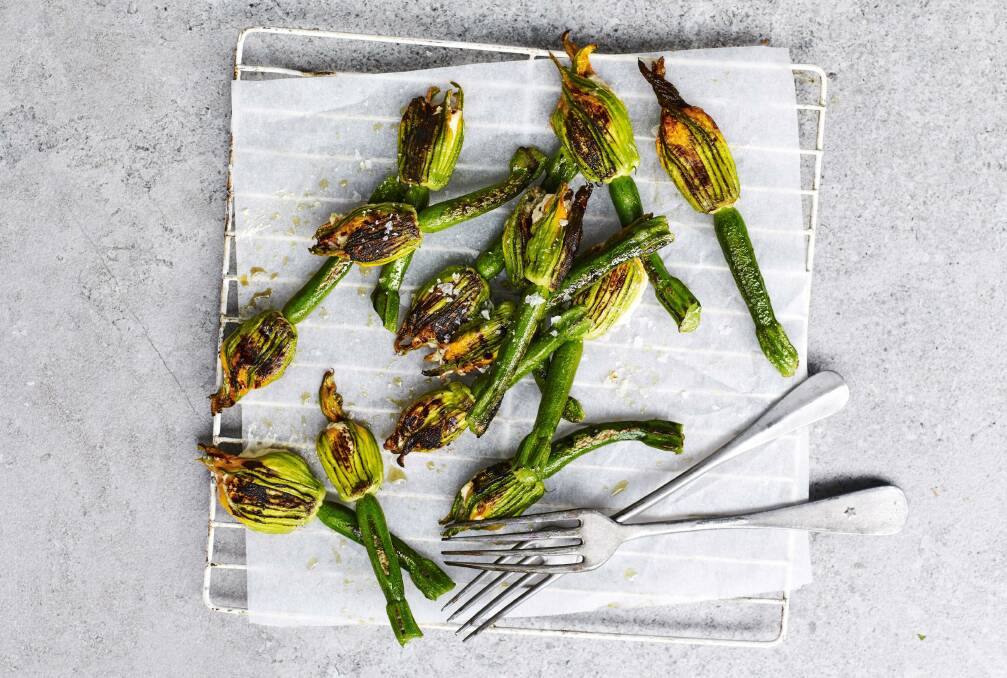 Chargrilled three-cheese zucchini flowers. Picture: James Moffatt