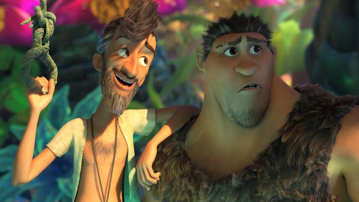 Phil Betterman (Peter Dinklage), left and Grug Crood (Nicolas Cage) in The Croods: A New Age. Picture: DreamWorks Animation.
