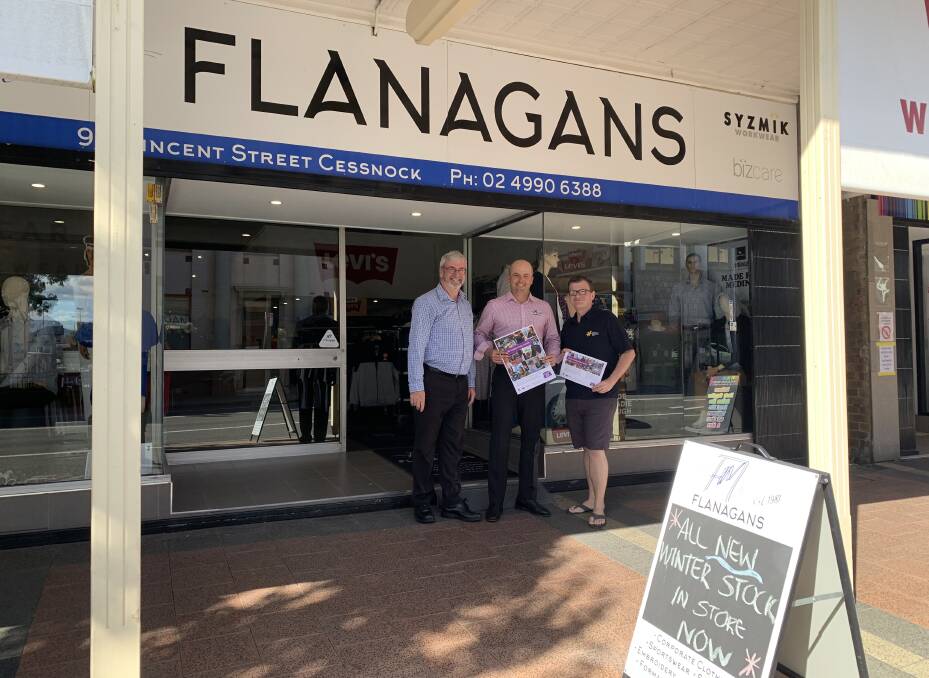 SHOWING SUPPORT: Cessnock City Council economic development officer Brad Sangster; Flanagans Menswear owner Rob Flanagan and Cessnock Chamber of Commerce president Clint Ekert discuss the Support Local campaign.