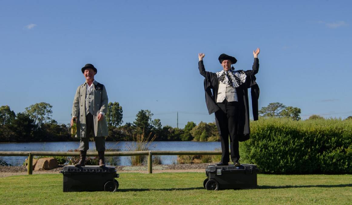 GREAT FUN: Drew Tingwell and Tom Heath (Sir Toby Belch and Andrew Aguecheek) in Shakespeare in the Vines' Twelfth Night. Photo: Sarah Walker