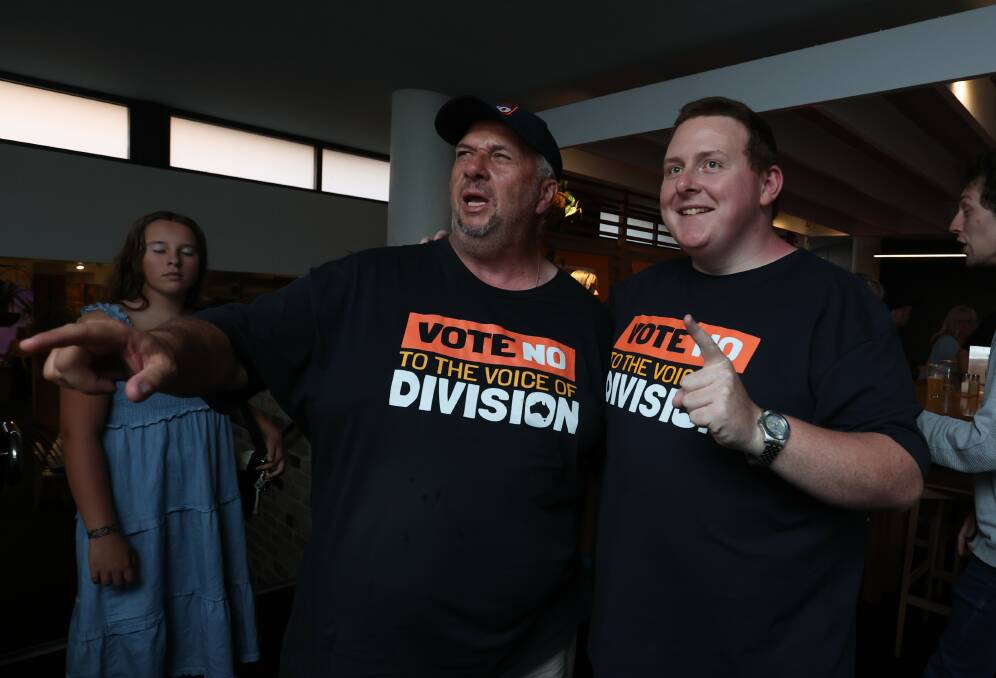 Newcastle and Hunter for No campaign manager and Liberal party member Blake Keating, right, celebrates at a Newcastle pub on Saturday night with former One Nation candidate Pietro Di Girolamo. Picture by Marina Neil