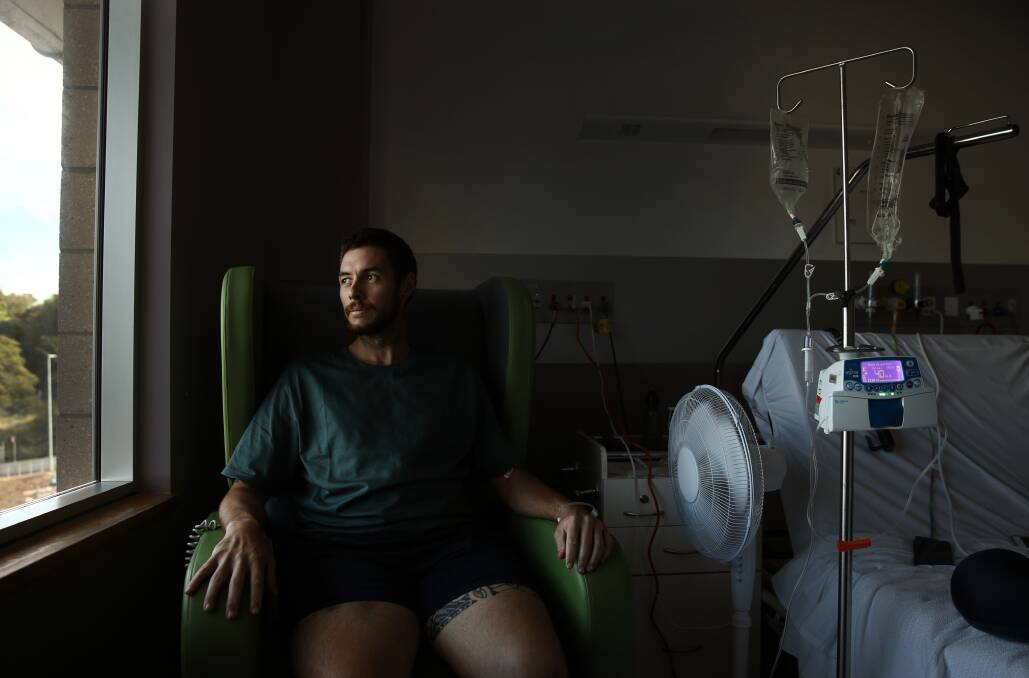 Determined: Popular school teacher and father-of-two Jerome Brecard has been diagnosed with Stage IV bowel cancer. He is undergoing treatment at the Calvary Mater Hospital, and hopes sharing his story might encourage more people to get checked. Picture: Marina Neil 