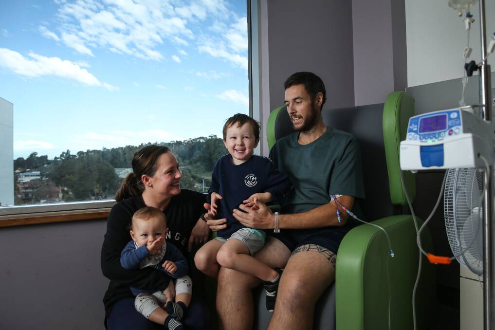 Determined: Popular school teacher Jerome Brecard has been diagnosed with Stage IV bowel cancer. Pictured with his wife Jo, and his sons Maddox, 10 months, and Remy, 3. Picture: Marina Neil 