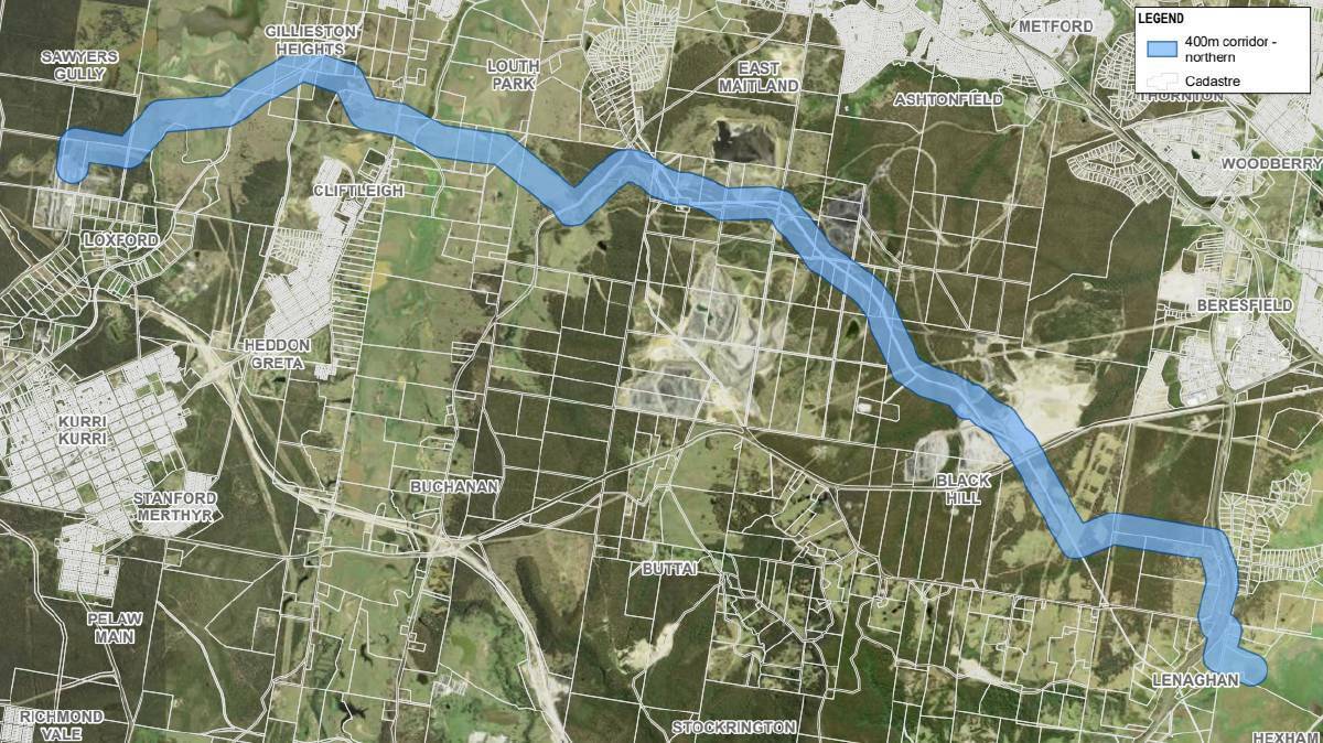 A map showing the approximate route of the underground pipeline from Lenaghan to Kurri Kurri.