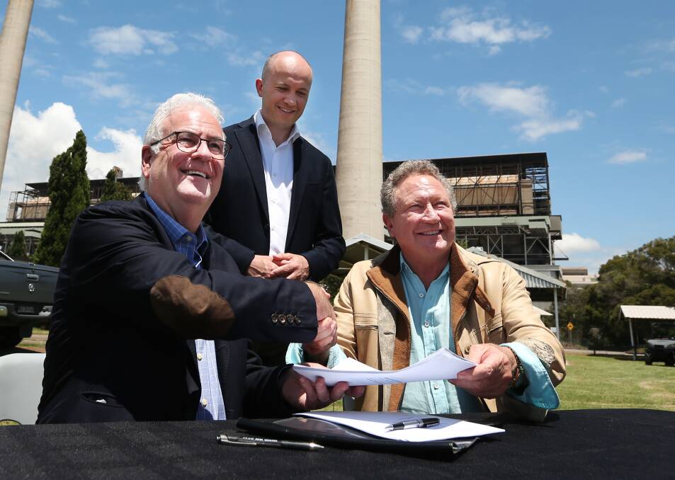 Mr Kean with AGL chief executive Graeme Hunt and Andrew Twiggy Forrest at Liddell Power station on Wednesday. Picture: Simone De Peak. 