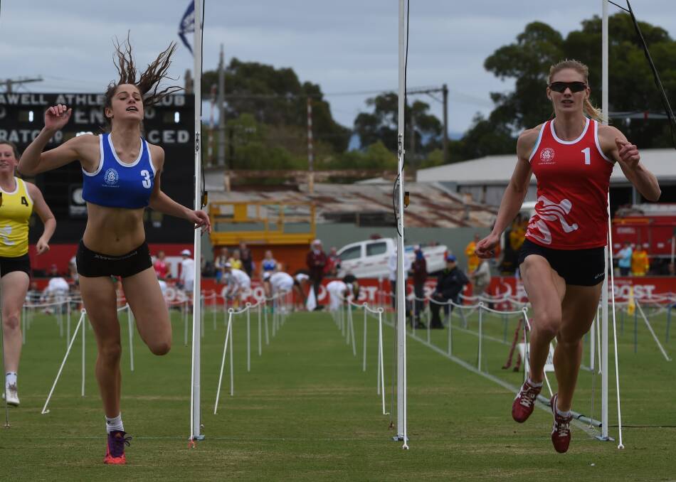 INSPIRE: Melissa Breen, often seen in red at Stawell, blazed a path for young Ballarat sprinters like Grace O'Dwyer (blue) to follow. 