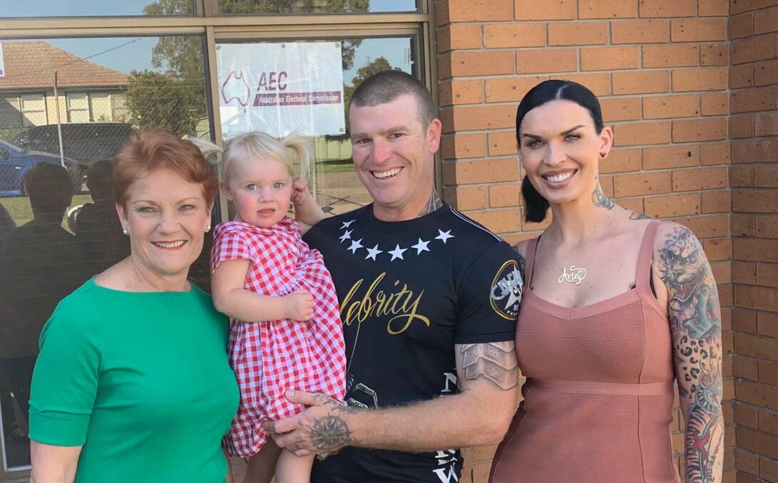 VISIT: Pauline Hanson with Stuart Bonds, his wife, Sini Ariell, and their daughter, Penny, at the Australian Electoral Commission counting centre in East Maitland. 