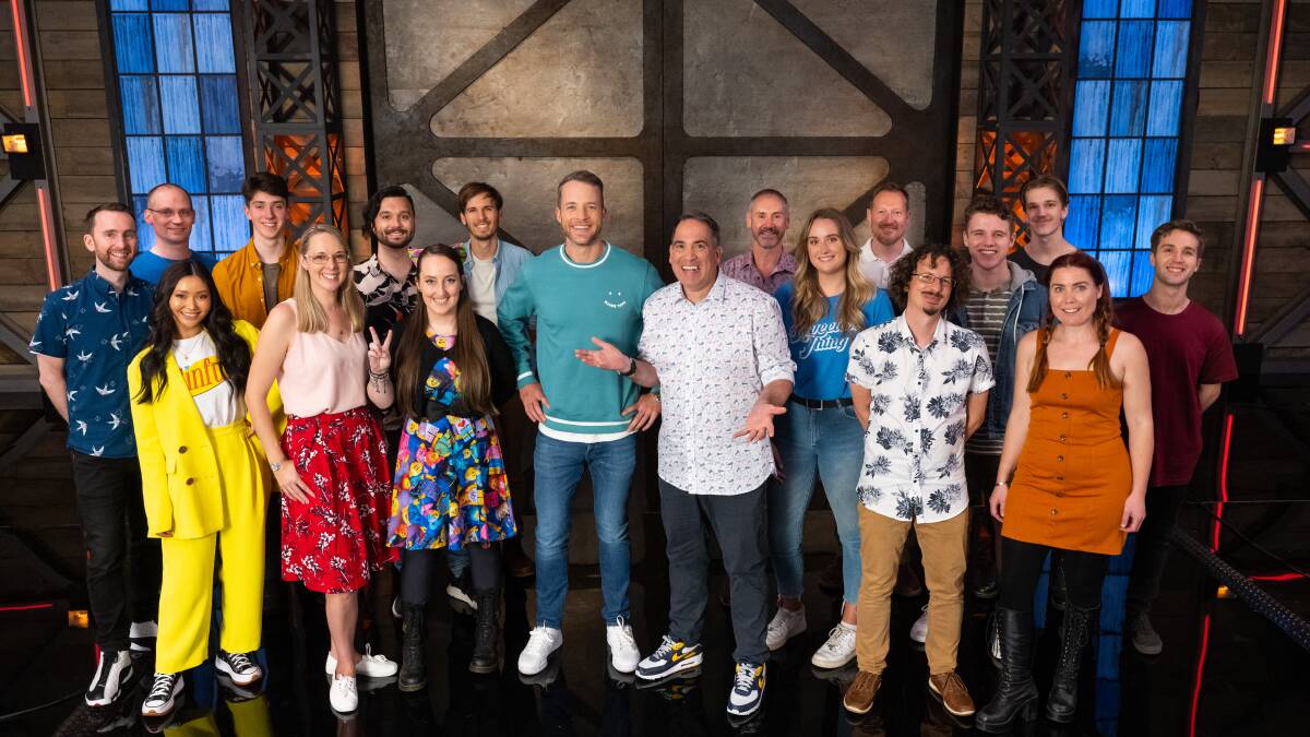 The 2022 competitors on LEGO Masters with Hamish Blake and Ryan "Brickman" McNaught (centre). Photo Channel 9