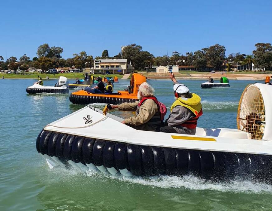 WATCH THEM GO: A flotilla of hovercraft flying en masse at the 2019 rally.