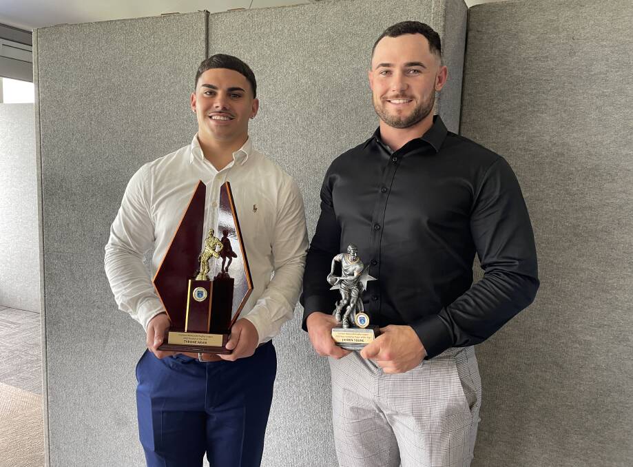 Cessnock pair Tyrone Nean (rookie) and Jayden Young (representative) after receiving Newcastle Rugby League awards on the weekend. Picture by Josh Callinan