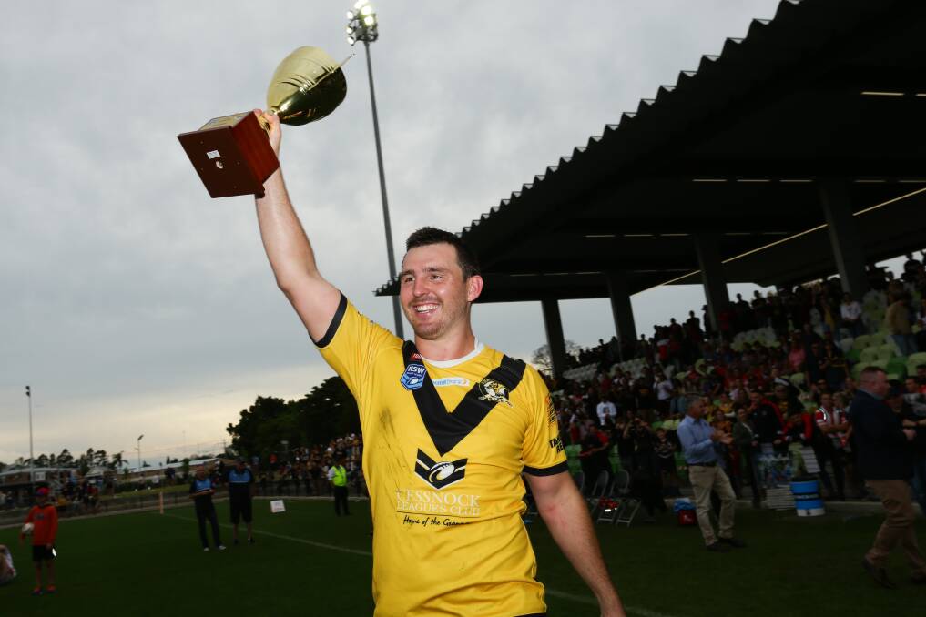 MILESTONE: Reed Hugo celebrates after Cessnock won the Newcastle Rugby League grand final following a COVID-impacted campaign in 2020. Picture: Jonathan Carroll