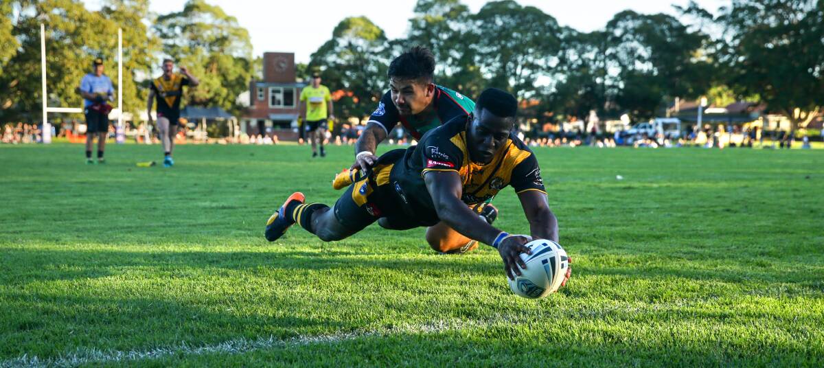 SPEED: English import Josh Adu-Dwumaa scores a try on debut for the Cessnock Goannas in a 20-6 victory over Western Suburbs at Harker Oval on May 6. Picture: Jonathan Carroll 