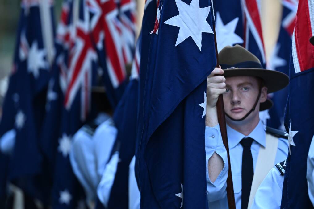 Participants prepare for the Anzac Day march in Sydney. Picture by Dean Lewins