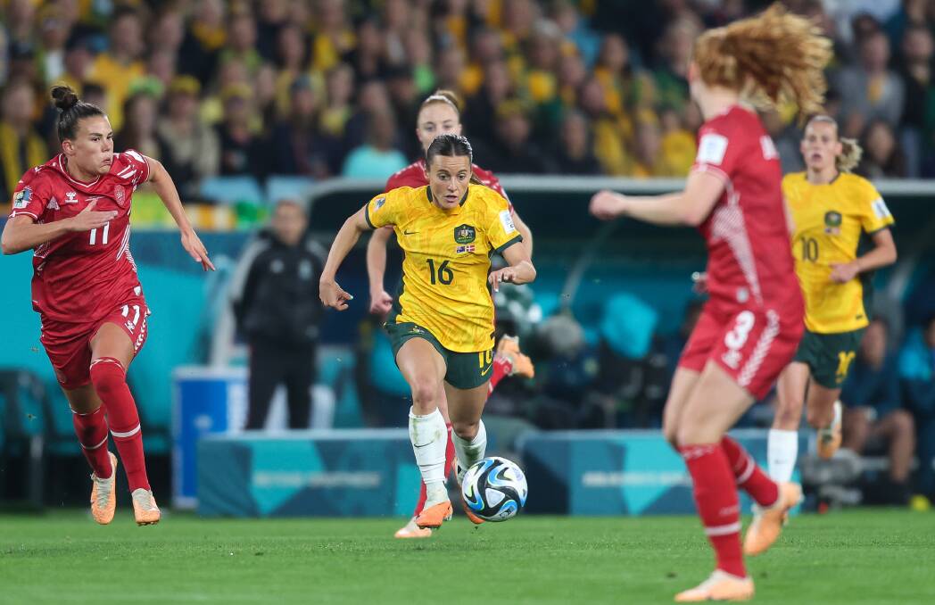 Matildas forward Hayley Raso goes on the attack against Denmark at Stadium Australia on Monday night. Picture by Adam McLean