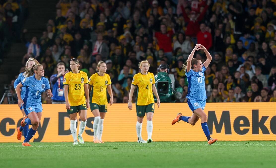 Ellla Toone celebrates the opening goal of Wednesday night's World Cup semi-final between England and Australia at Stadium Australia. Picture by Adam McLean