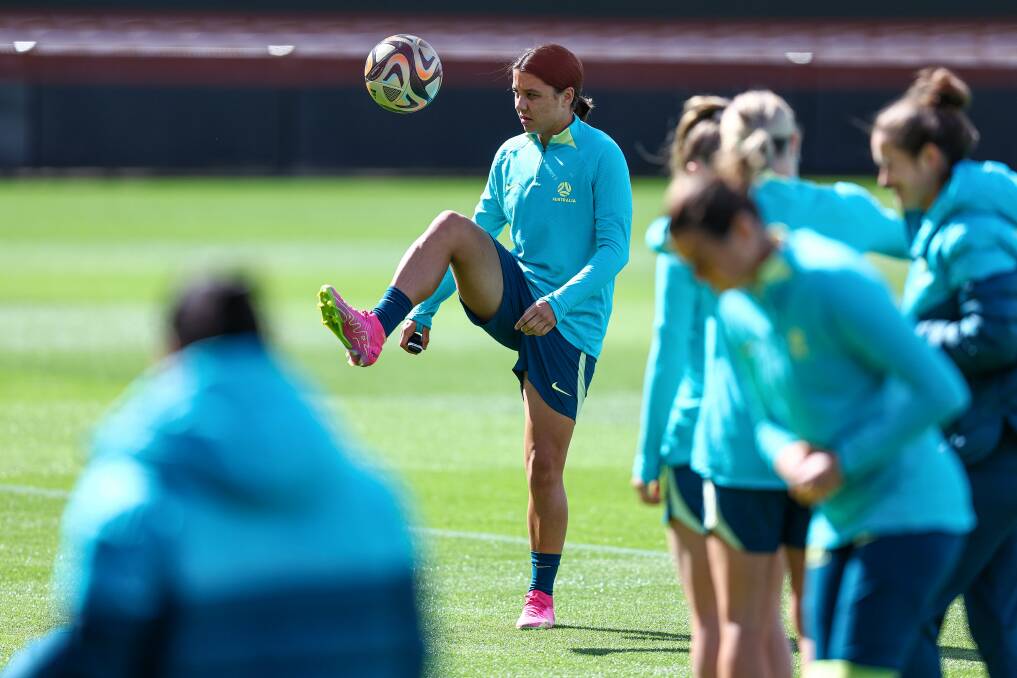 Sam Kerr juggles the ball at Matildas training in Sydney on Tuesday. Picture Getty Images