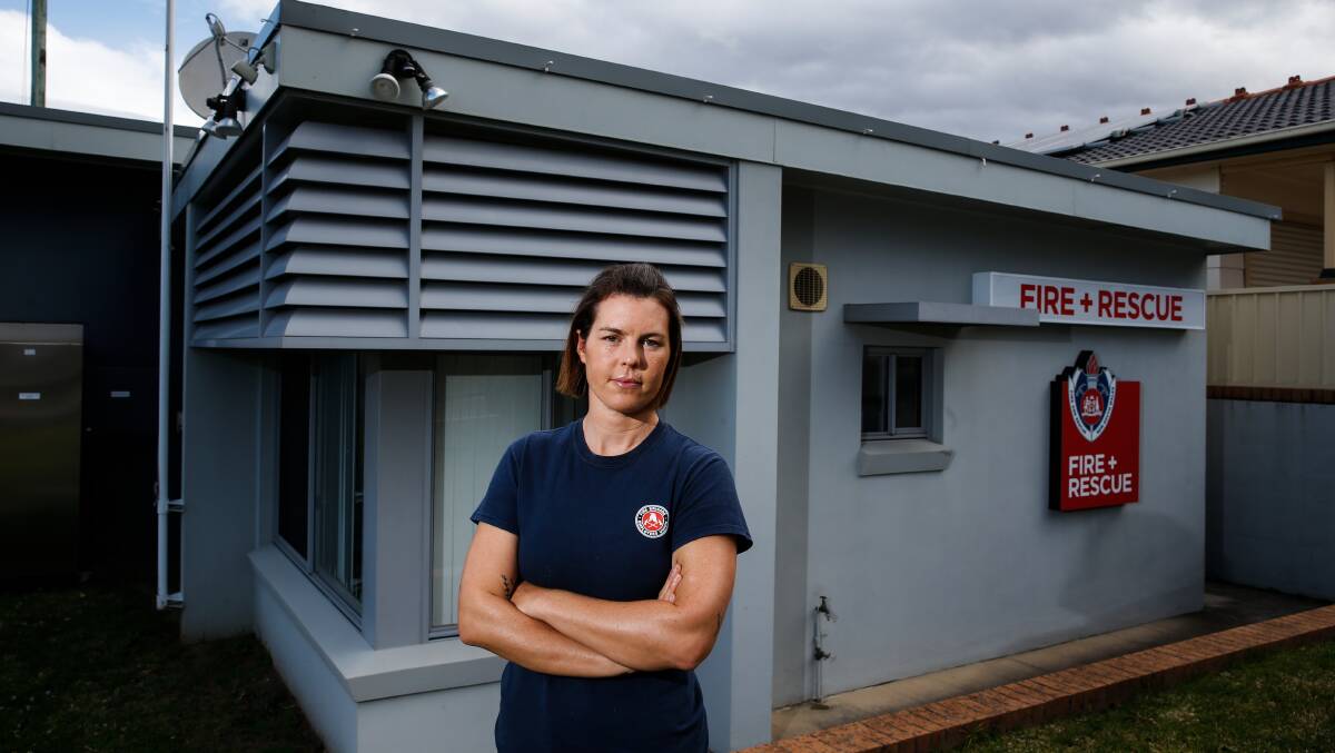 Illawarra firefighter and Fire Brigade Employees' Union delegate Kelly Buchanan is not happy at plans to take Scarborough and Helensburgh fire stations off-line. Photo: Anna Warr