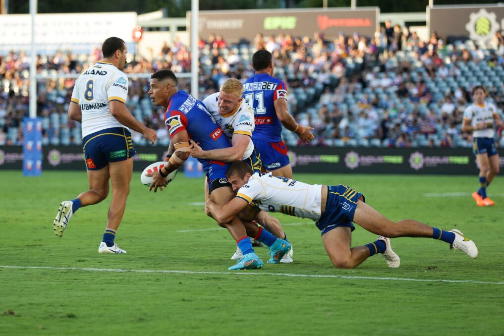 Knights veteran Dane Gagai injured a hamstring during Newcastle's 36-14 loss to Parramatta at Gosford last Friday and is in some doubt to play against the Warriors next Friday. Picture by Jonathan Carroll 