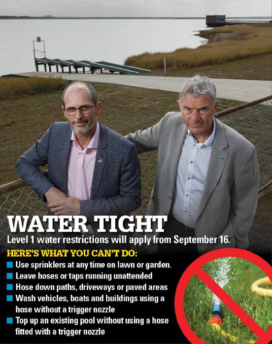 WATER WISE: Hunter Water's Darren Cleary and Graham Wood at Grahamstown Dam. Picture: Max Mason-Hubers 