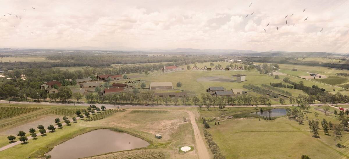 PROPOSAL: An artist's impression of the proposed Cedar Mill Hunter Valley development, shown beyond Broke Road, in Pokolbin. The concert venue, shown in the centre of the property, would accommodate up to 22,000 people. 