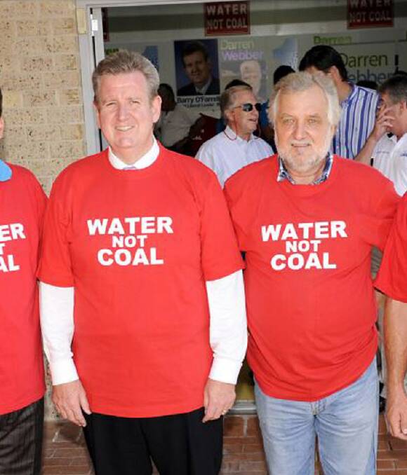 Commitment: Barry O'Farrell pictured with anti-coal campaigner Alan Hayes during the 2011 NSW election campaign when O'Farrell committed a NSW Liberal Government to stopping Wallarah 2 coal mine.  