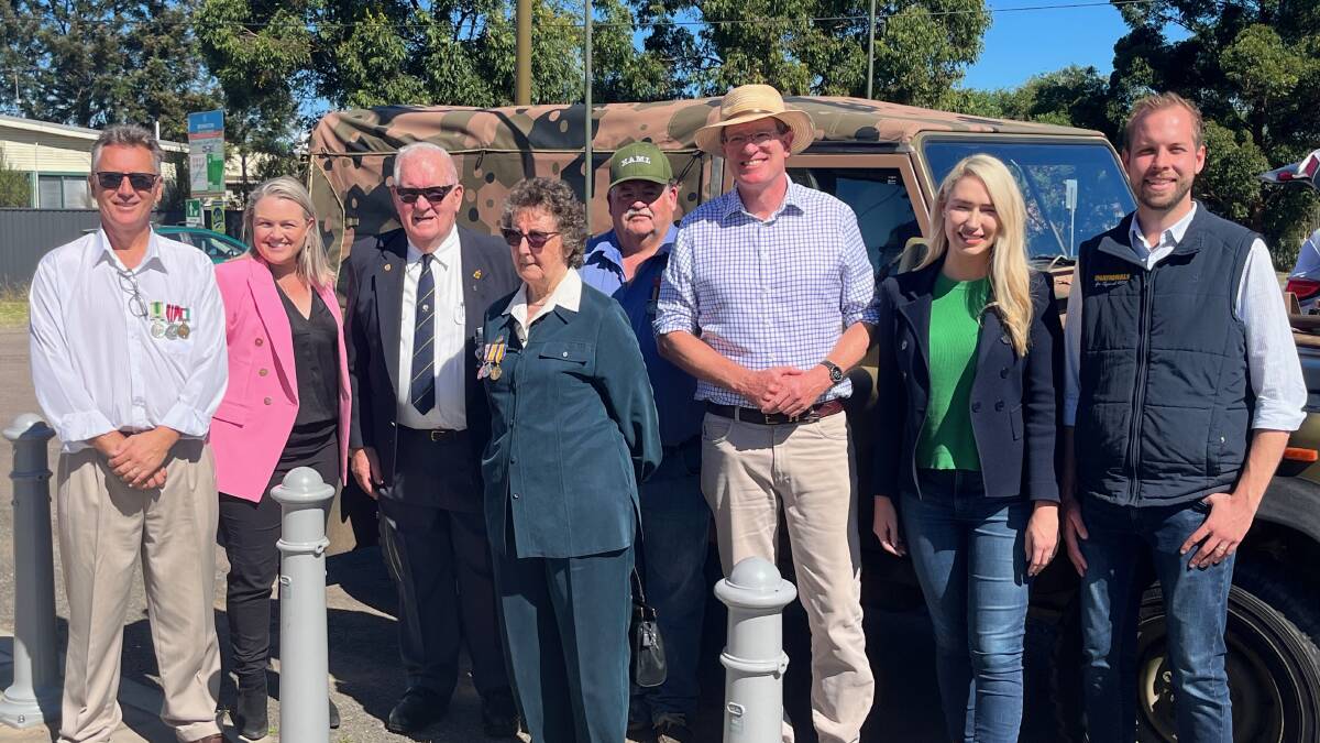 SUPPORT: Minister for Veterans' Affairs and Defence Personnel Andrew Gee (third from right) with candidates and veterans in Branxton on April 21 to announce a Liberal-National government plan to establish a Veteran Wellbeing Centre in the Hunter region.