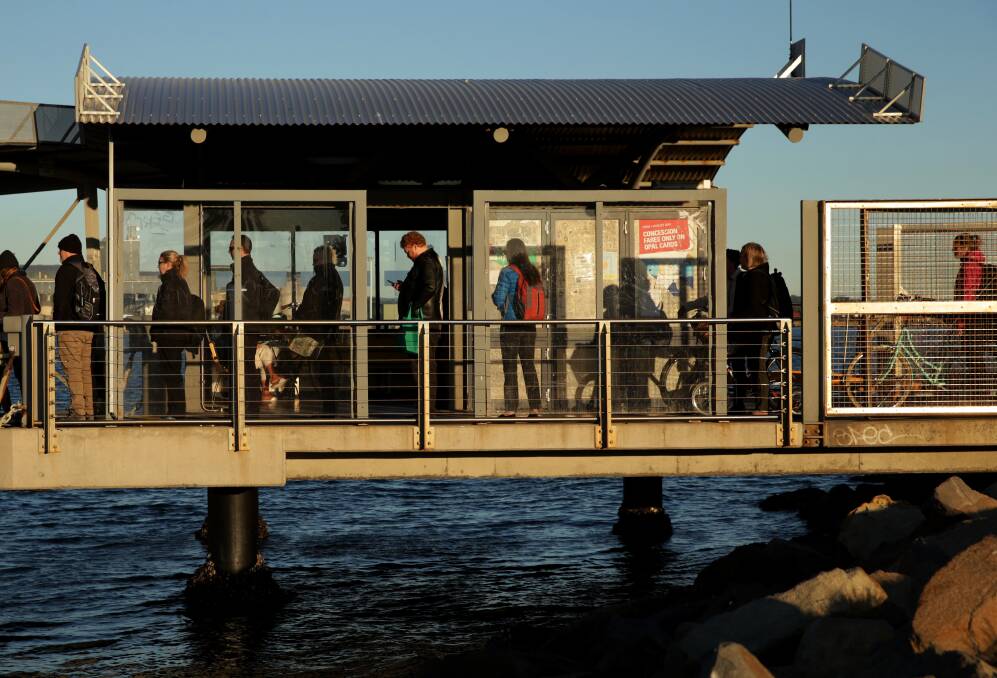 A line of passengers waiting at Stockton's ferry terminal. Picture: Simone De Peak 