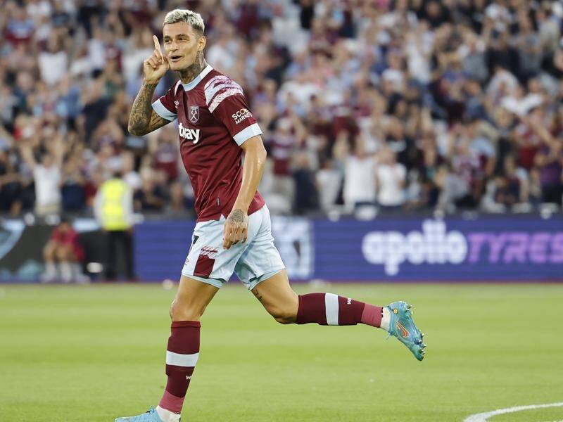 Gianluca Scamacca scored his first goal for West Ham in their Conference qualifying win over Viborg. (EPA PHOTO)
