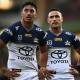 Winger Murray Taulagi (left) knows the Cowboys must address their slow starts to be an NRL force. (Dan Himbrechts/AAP PHOTOS)