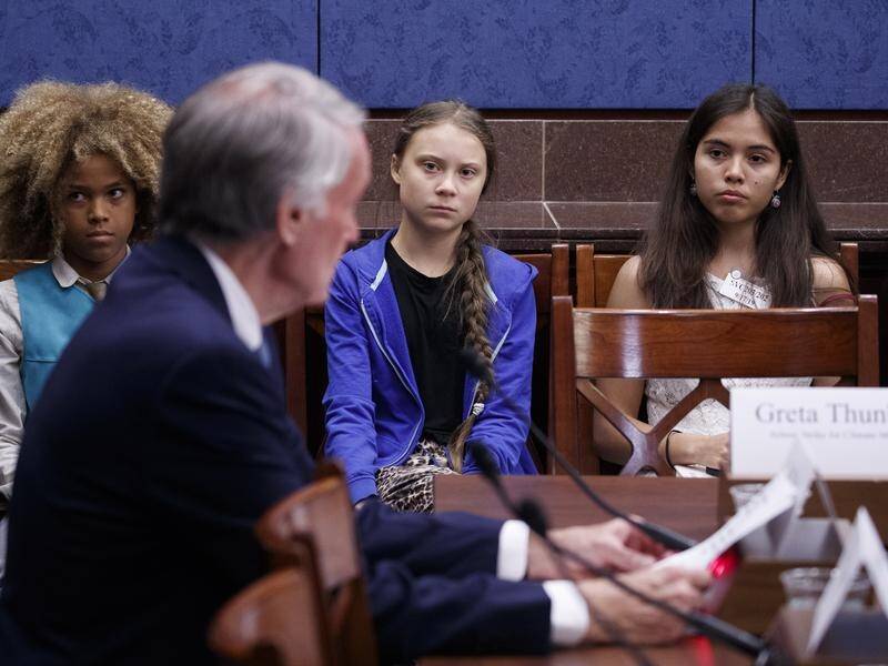 Greta Thunberg (C) has told US politicians to stop praising her and start acting on climate change.