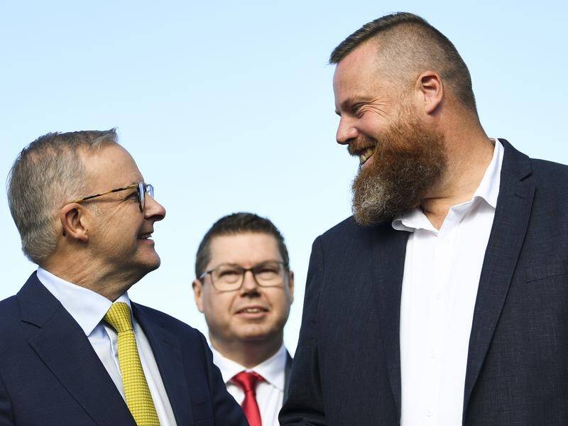 Dan Repacholi with Prime Minister Anthony Albanese (left) and Shortland MP Pat Conroy (centre).